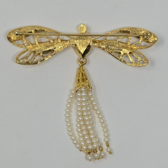 Vintage Avon Dragonfly Brooch Pink Stone Articulating Pearl Tassel - Picture 5 of 9